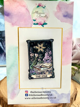 Load image into Gallery viewer, Pin with 'The Star' from Tarot cards on a decorative card with floral designs.