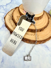 Load image into Gallery viewer, You Pawsed Here Cat Bookmark – Stainless Steel Bookmark with Book Charm