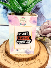 Load image into Gallery viewer, “My Job is Top Secret” Enamel Pin – Funny Black & Red Pin Badge