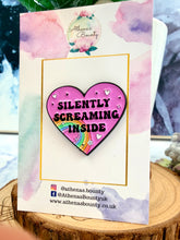 Load image into Gallery viewer, Silently Screaming Inside Enamel Pin – Funny Rainbow Heart Pin Badge