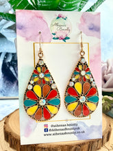 Load image into Gallery viewer, Briony Bright Red, Brown, Yellow &amp; Teal Enamel Flower Earrings – Teardrop Design

