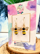 Load image into Gallery viewer, Beatrice Bee Earrings – Gold Plated Bee Earrings with Enamel and Crystal Wings
