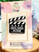 Load image into Gallery viewer, Lights Camera Action Enamel Pin – Film Clapperboard Pin Badge
