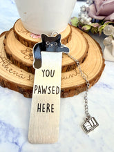 Load image into Gallery viewer, You Pawsed Here Cat Bookmark – Stainless Steel Bookmark with Book Charm
