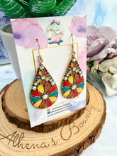Load image into Gallery viewer, Briony Bright Red, Brown, Yellow &amp; Teal Enamel Flower Earrings – Teardrop Design
